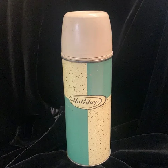 Vintage King Seeley Holiday Thermos 2271 Pint Size 10”H Green and White